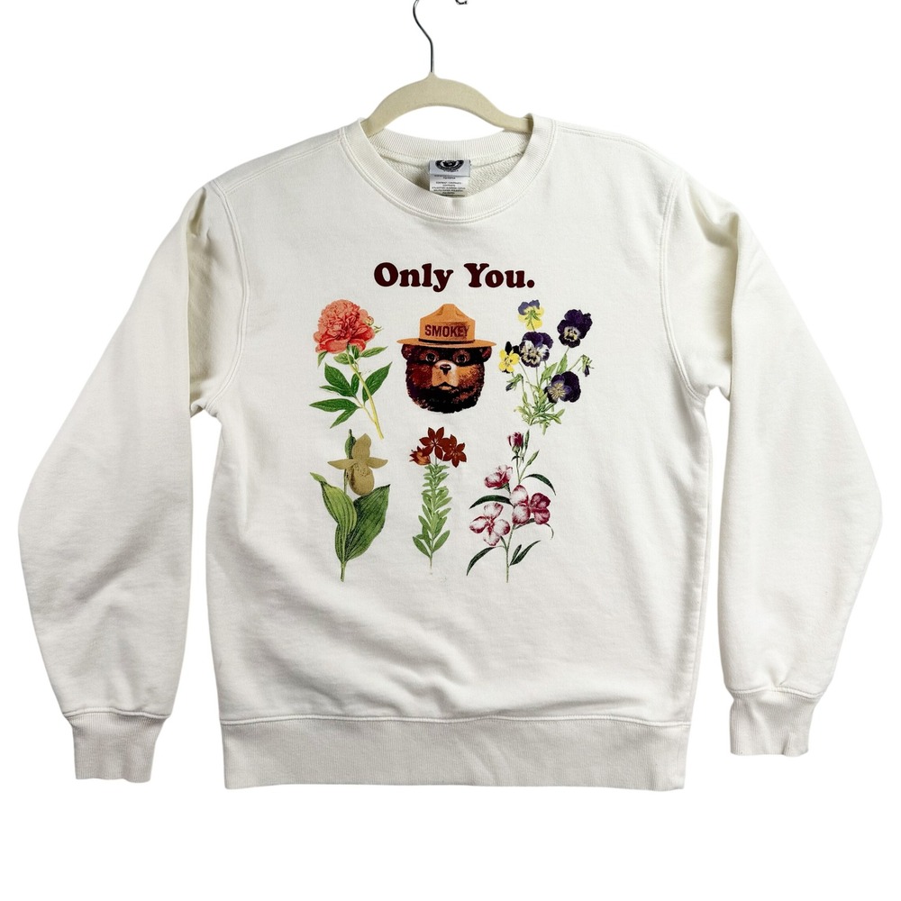 Smokey Bear Only You Botanical Floral Graphic Sweatshirt Cream Mens Medium
